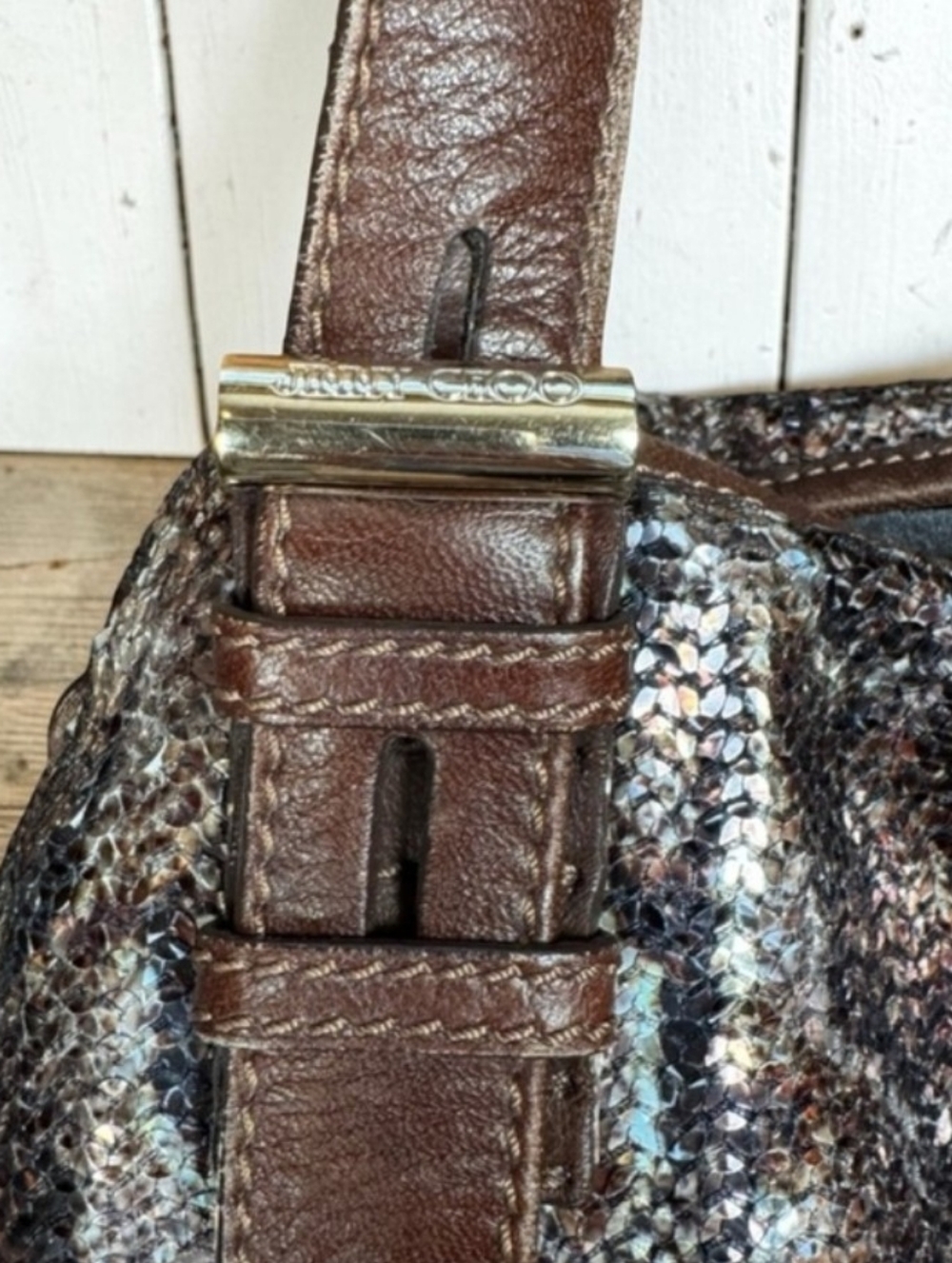 Jimmy Choo Sequined Python Snake Pattern Leather "Bea" Tote - Picture 3 of 11